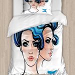 Ambesonne Zodiac Gemini Duvet Cover Sets, Ink and Watercolor Art Young Women Portraits of Air Sign, Bedding Set with 2 Duvet Covers & 2 Pillowcases, 2 Pack Twin Size, Pale Peach Black - Gemini Blanket for men