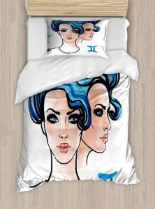 Ambesonne Zodiac Gemini Duvet Cover Sets, Ink and Watercolor Art Young Women Portraits of Air Sign, Bedding Set with 2 Duvet Covers & 2 Pillowcases, 2 Pack Twin Size, Pale Peach Black - Gemini Blanket for men