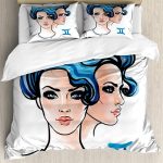 Ambesonne Zodiac Gemini Duvet Cover Sets, Ink and Watercolor Art Young Women Portraits of Air Sign, Bedding Set with 2 Duvet Covers & 4 Pillowcases, 2 Pack Queen Size, Pale Peach Black - Gemini Blanket for men