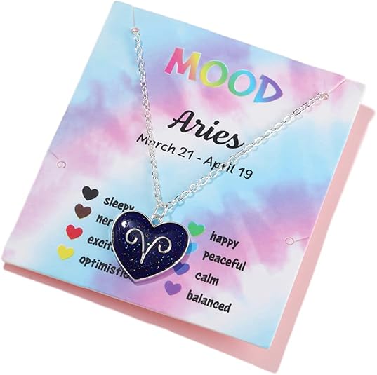 12 Constellation Sign Zodiac Love Heart Shape Pendant Necklace Color Changing Temperature Emotion Sensing Mood for Women Astrology Horoscope BFF Friendship Birthday Jewelry - Aries Necklace for men