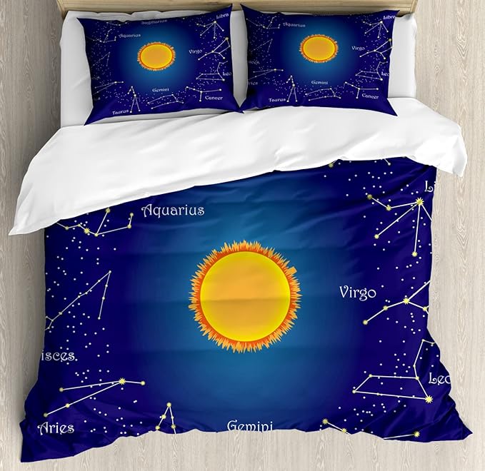 Ambesonne Astrology Duvet Cover Sets, Celestial Star Chart Constellation Around Sun on The Sky Aries Sign, Bedding Set with 2 Duvet Covers & 2 Pillowcases, 2 Pack Twin Size, Dark Blue Orange - Aries Pillow for men