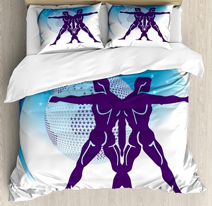 Lunarable Gemini Duvet Cover Sets, Zodiac Sign Composition with 2 Male and Star Globe, Bedding Set with 2 Duvet Covers & 2 Pillowcases, 2 Pack Twin Size, Purple Azure Blue - Gemini Blanket for men