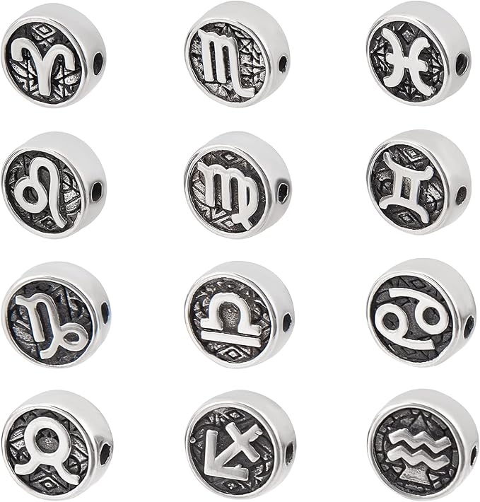 DICOSMETIC 12 Styles Constellation Spacer Beads Stainless Steel Spacer Beads 10mm Double Side Flat Round Loose Bead Zodiac Sign Coin Disc Loose Bead for Jewelry Making, Hole: 1.8mm - Aries Necklace for men