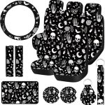 15 Pieces Moon and Stars Car Seat Cover Full Set for Women Men Upgrade Thick Car Front Seat Covers Universal Steering Wheel Cover Separate Headrest Cover Seat Belt Pads(Skeleton Cat Pattern) - Scorpio Car Seat Cover for men