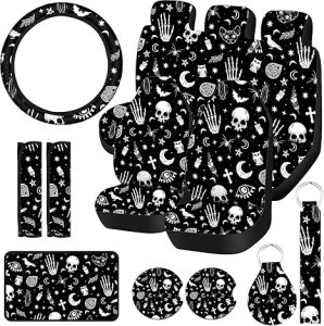 15 Pieces Moon and Stars Car Seat Cover Full Set for Women Men Upgrade Thick Car Front Seat Covers Universal Steering Wheel Cover Separate Headrest Cover Seat Belt Pads(Skeleton Cat Pattern) - Scorpio Car Seat Cover for men