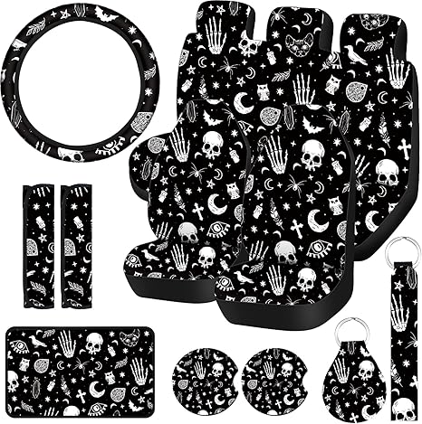 15 Pieces Moon and Stars Car Seat Cover Full Set for Women Men Upgrade Thick Car Front Seat Covers Universal Steering Wheel Cover Separate Headrest Cover Seat Belt Pads(Skeleton Cat Pattern) - Scorpio Car Seat Cover for men