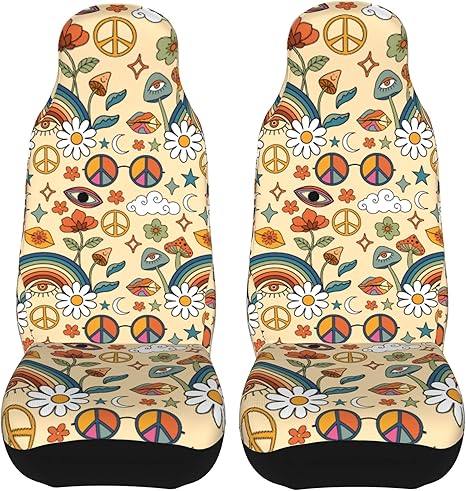 70s Psychedelic Mushroom Car Seat Covers Front Seats Only, Universal Fit for Car Truck Van and SUV Automotive Seat Covers, Black, 2 Piece - Aquarius Car Seat Cover for men