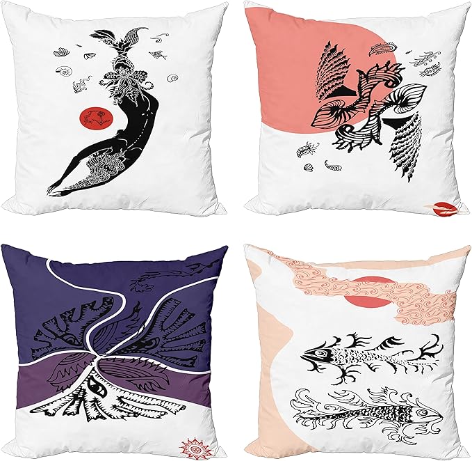 Ambesonne Pisces Throw Pillow Cushion Case Pack of 4, Abstract Zodiac Themed Artwork with Folk Ornamental Aquatic Elements, Modern Accent Double-Sided Digital Printing, 18", Coral Quartz and Black - Pisces Pillow for men