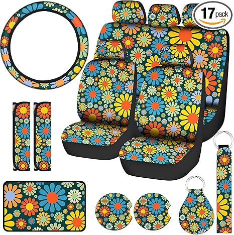 Tallew 17 Pcs Hippie Flower Car Seat Covers Set, Universal Car Accessories, Colorful Art Floral Seat Covers, Steering Wheel, Armrest, Cup Holder, Keyring, Shoulder Pad, Wrist Strap for Men and Women - Aries Car Seat Cover for men