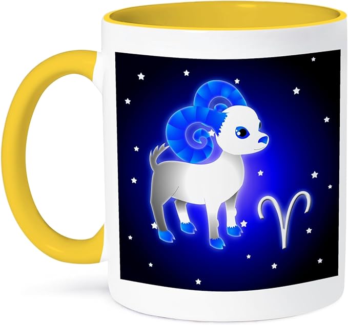3dRose Cute Astrology Aries Zodiac Sign Ram 15oz Two-Tone Yellow Mug - Aries Mug for men