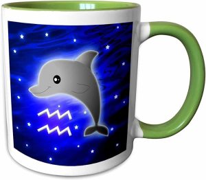 3dRose Cute Astrology Aquarius Zodiac Sign Dolphin 15oz Two-Tone Green Mug - Aquarius Mug for men