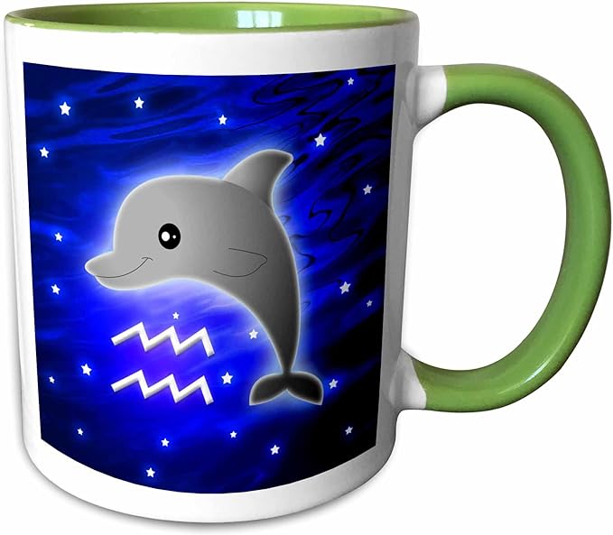 3dRose Cute Astrology Aquarius Zodiac Sign Dolphin 15oz Two-Tone Green Mug - Aquarius Mug for men