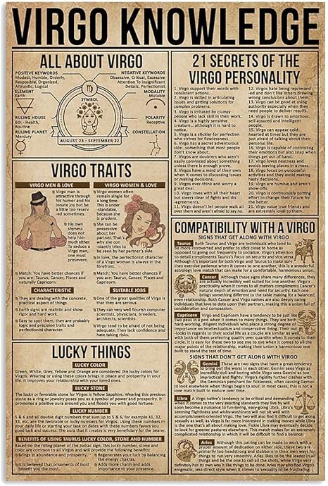 Virgo Knowledge Metal Tin Signs Virgo Infographic Retro Poster Astrology Club Guide Plaque Office Home Room Wall Decor 12x17 Inches - Virgo Poster for men