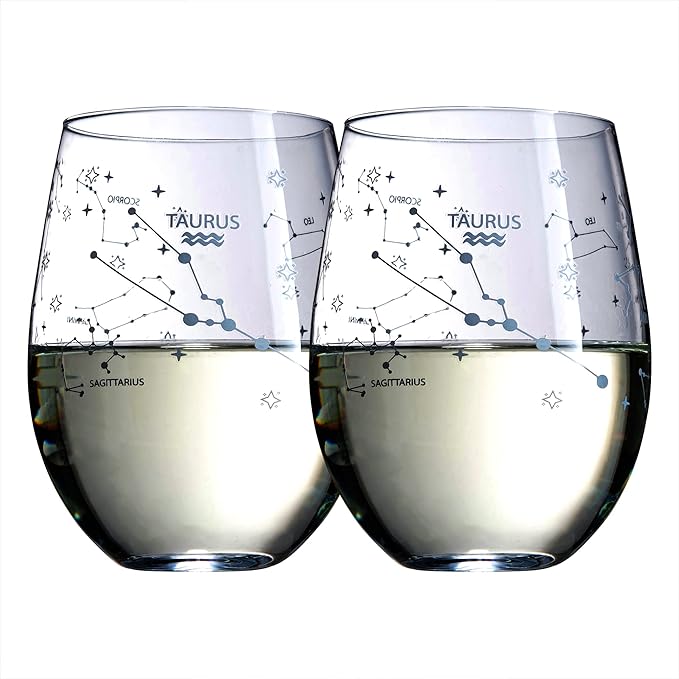 The Wine Savant Set of 2 Zodiac Sign Wine Glasses with 2 Wooden Coasters Astrology Drinking Glass Set with Etched Constellation Tumblers for Juice, Water Home Bar Horoscope Gifts 18oz (Taurus) - Taurus for men
