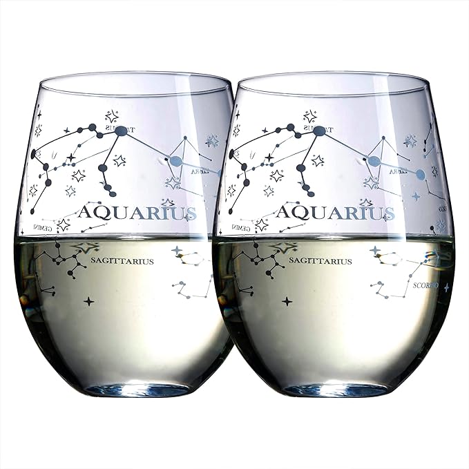 The Wine Savant Set of 2 Zodiac Sign Wine Glasses with 2 Wooden Coasters Astrology Drinking Glass Set with Etched Constellation Tumblers for Juice, Water Home Bar Horoscope Gifts 18oz (Aquarius) - Aquarius Mug for men