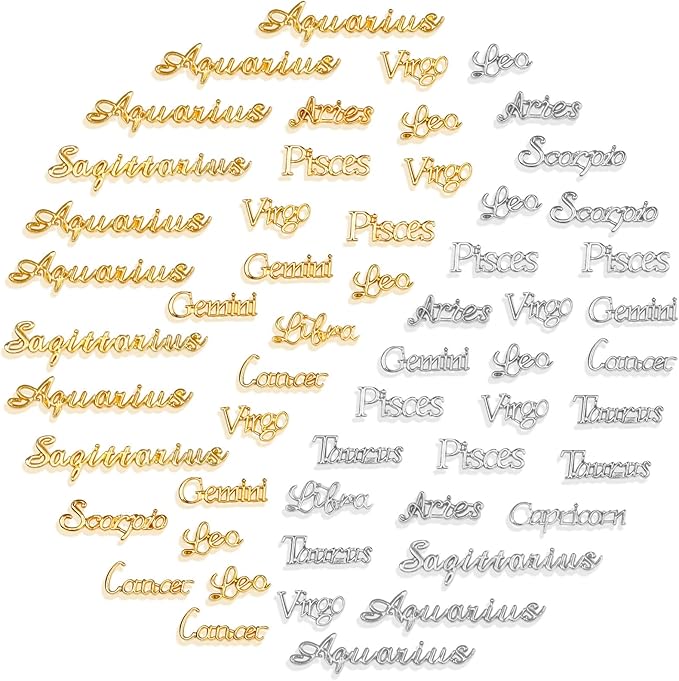 72 PCS Zodiac Word Message Charm Pendant, Gold and silver Twelve Constellation Charm Alloy Zodiac Nail Charms DIY Pendant for Jewelry Making, Resin Mold, Nail, etc. - Aries Bracelet for men