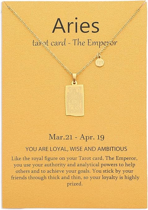14k Gold Plated Zodiac Sign with Tarot Card Pendant Necklace Birthday Gift for Women - Aries Earrings for men
