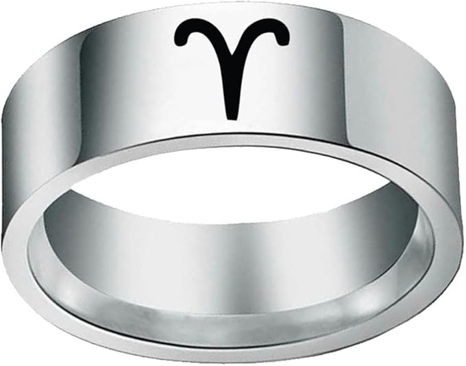 Men's Stainless Steel 12 Constellation Ring 8MM Wedding Band Horoscope Zodiac Signs Simple - Aries Ring for men