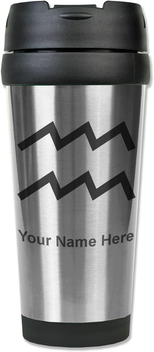 LaserGram 16oz Coffee Travel Mug, Zodiac Sign Aquarius, Personalized Engraving Included (Stainless) - Aquarius Mug for men