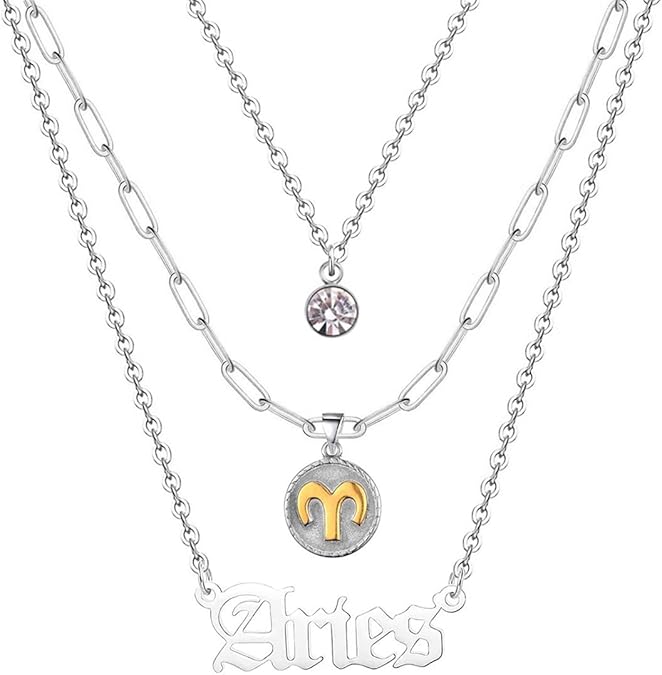 3PCS Old English Zodiac Necklace for Women Birth Necklace Zodiac Astrological Sign Necklace for Mother Daughter - Aries Necklace for men