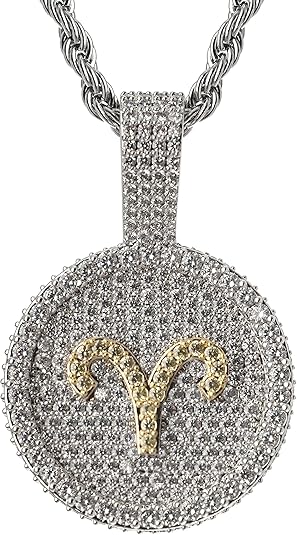 Bling Iced Out Zodiac Pendant Necklace, Full Cubic Zirconia Pave Hip Hop Constellation Medallion, 20in Rope Chain 14K Gold Plated, All 12 Star Signs for Women Men - Aries Necklace for men