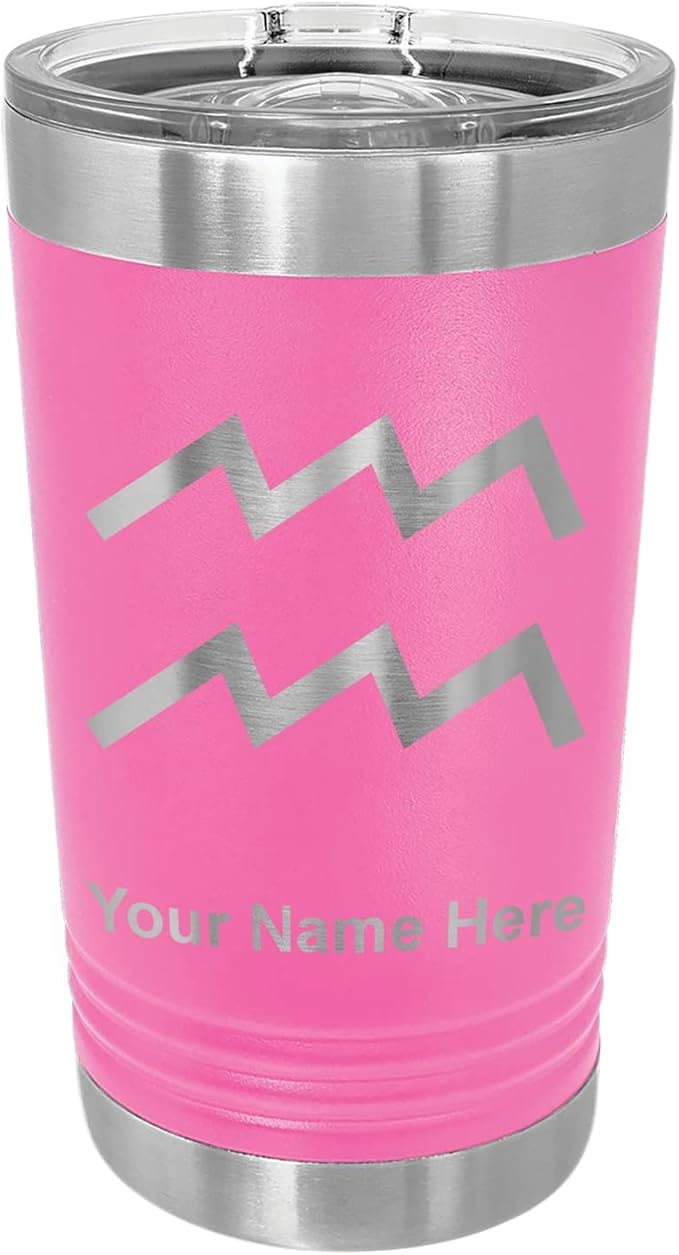 LaserGram 16oz Vacuum Insulated Pint Tumbler, Zodiac Sign Aquarius, Personalized Engraving Included (Pink) - Aquarius Mug for men