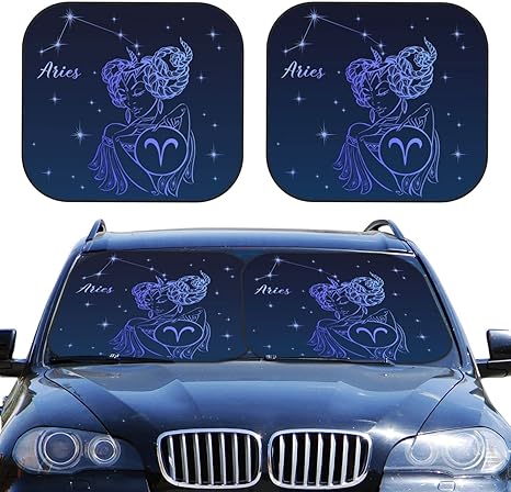 Delerain Aries Zodiac Sign Car Windshield Sun Shade, Auto Foldable 2-Piece Sunshade for Most Car SUV Truck - Sun Visor Protector Blocks UV Rays Keeps Your Vehicle Cool, Large - Aries Car Ornament for men
