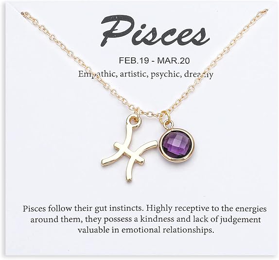 14k Gold Plated Zodiac Birthstone Crystal Pendant Necklace, Horoscope Sign Charm Necklace for Women Birthday Gift - Pisces for men