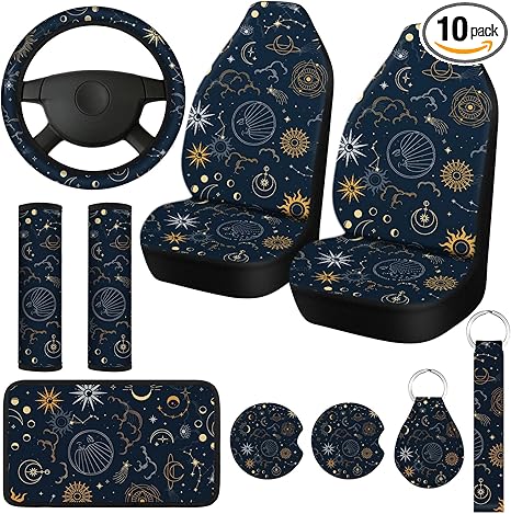 Tallew 10 Pcs Sun and Moon Car Seat Covers with Car Steering Wheel Cover Cup Holder Keyring Armrest Pad Seat Belt Pads Wrist Strap Decor Accessories for Vehicle, Sun and Moon Style - Aries Car Seat Cover for men