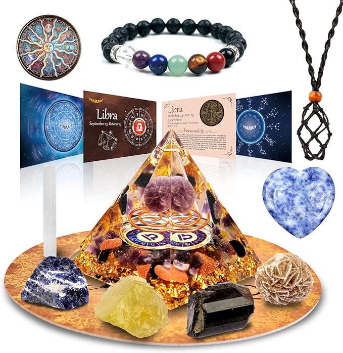 Horoscope Orgone Pyramid ， Healing Crystal Gift Set ，Zodiac Sign Stones to Companion Birthstone, for Astrology ，Reiki，Energy Generator, Meditation (Libra) - Aries Blanket for men