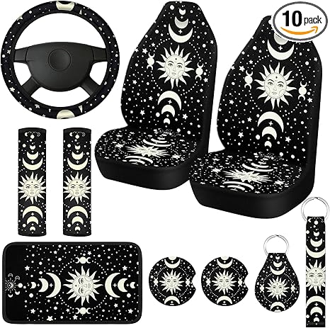 10 Pcs Moon Star Car Seat Covers Full Set Car Accessories for Women Front Seat Cover Steering Wheel Armrest Cover Belt Cover Cup Holder for Auto SUV Interior Decoration(Witch) - Aries Car Seat Cover for men