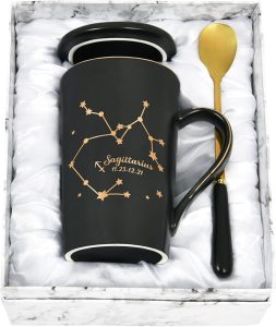 YHRJWN - Sagittarius Mug, Zodiac Sign Star Birthday Gift for Sagittarius 14 Oz Black (Gift Box, Lid) - Sagittarius Home Decor for men