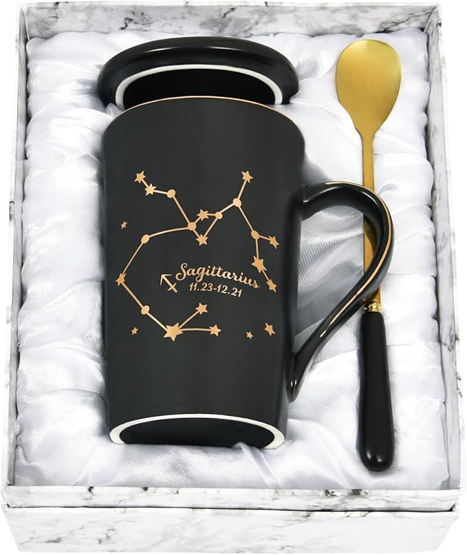 YHRJWN - Sagittarius Mug, Zodiac Sign Star Birthday Gift for Sagittarius 14 Oz Black (Gift Box, Lid) - Sagittarius Home Decor for men