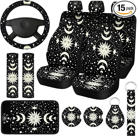 15 Pcs Moon Star Sun Full Car Seat Covers Set Car Accessories Seat Covers Steering Wheel Cover Belt Pads Armrest Pad Cup Holders Keychain for Most Truck SUV - Aries Car Seat Cover for men