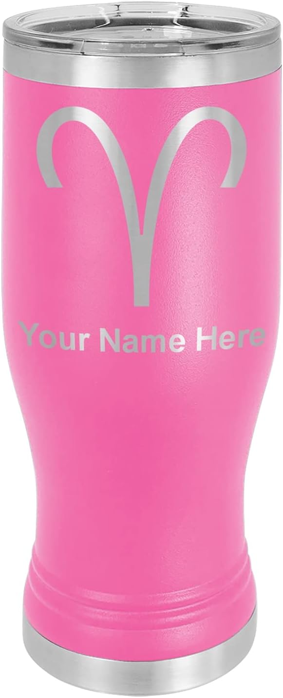 LaserGram 14oz Vacuum Insulated Pilsner Mug, Zodiac Sign Aries, Personalized Engraving Included (Pink) - Aries Mug for men