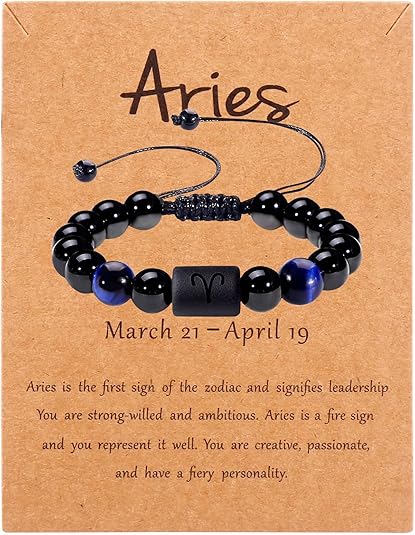 Father's Day Gifts Zodiac Mens Bracelet Protection Bracelet Men 10MM Black Onyx Stone Constellation Horoscope Sign Beads Bracelet for Men - Aries for men