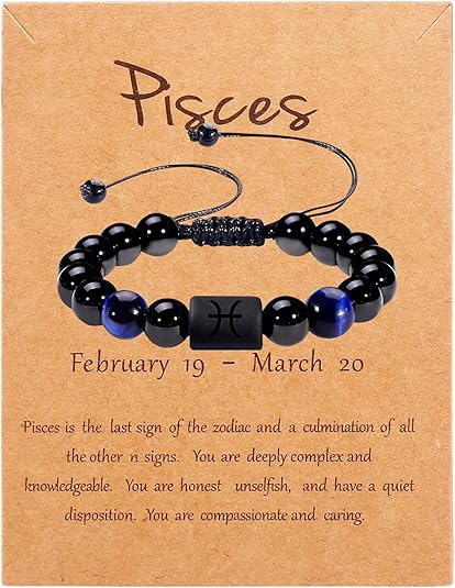 Father's Day Gifts Zodiac Mens Bracelet Protection Bracelet Men 10MM Black Onyx Stone Constellation Horoscope Sign Beads Bracelet for Men - Pisces for men