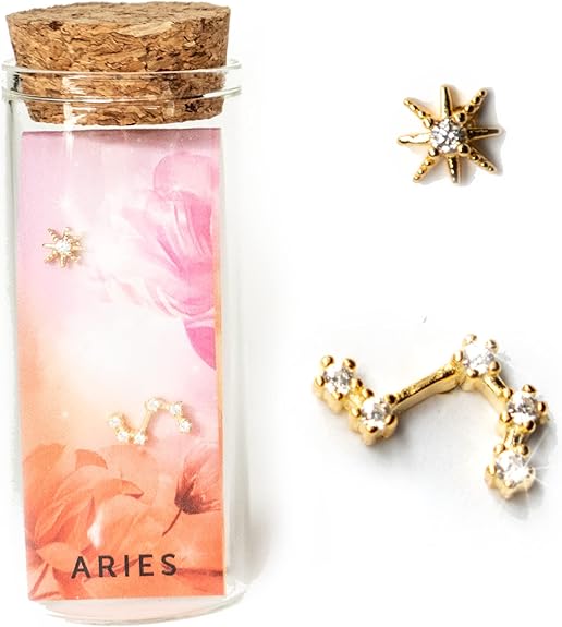 18k Gold Mismatched Stud Earring, Zodiac Star Stud Earrings Gift Set, Birthday Birth Flower, Astrology Gifts Women, Mother's Day Gifts - Aries Earrings for men