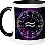 3dRose Aquarius Zodiac sign stylish astrology gift. White stars on purple 11oz Two-Tone Black Mug - Aquarius Mug for men