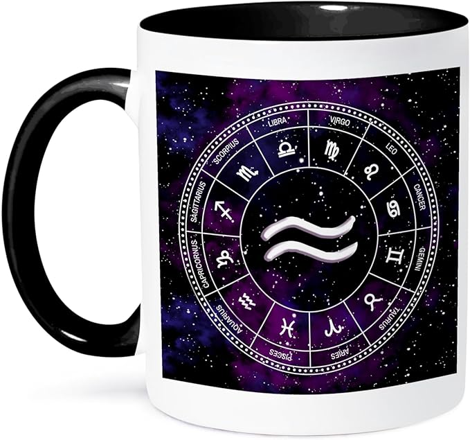 3dRose Aquarius Zodiac sign stylish astrology gift. White stars on purple 11oz Two-Tone Black Mug - Aquarius Mug for men