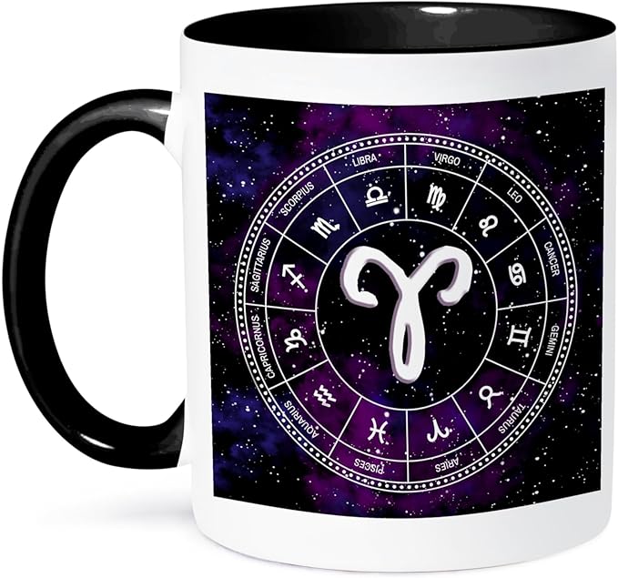 3dRose Aries Zodiac sign stylish astrology design. White stars, purple space 11oz Two-Tone Black Mug - Aries Mug for men