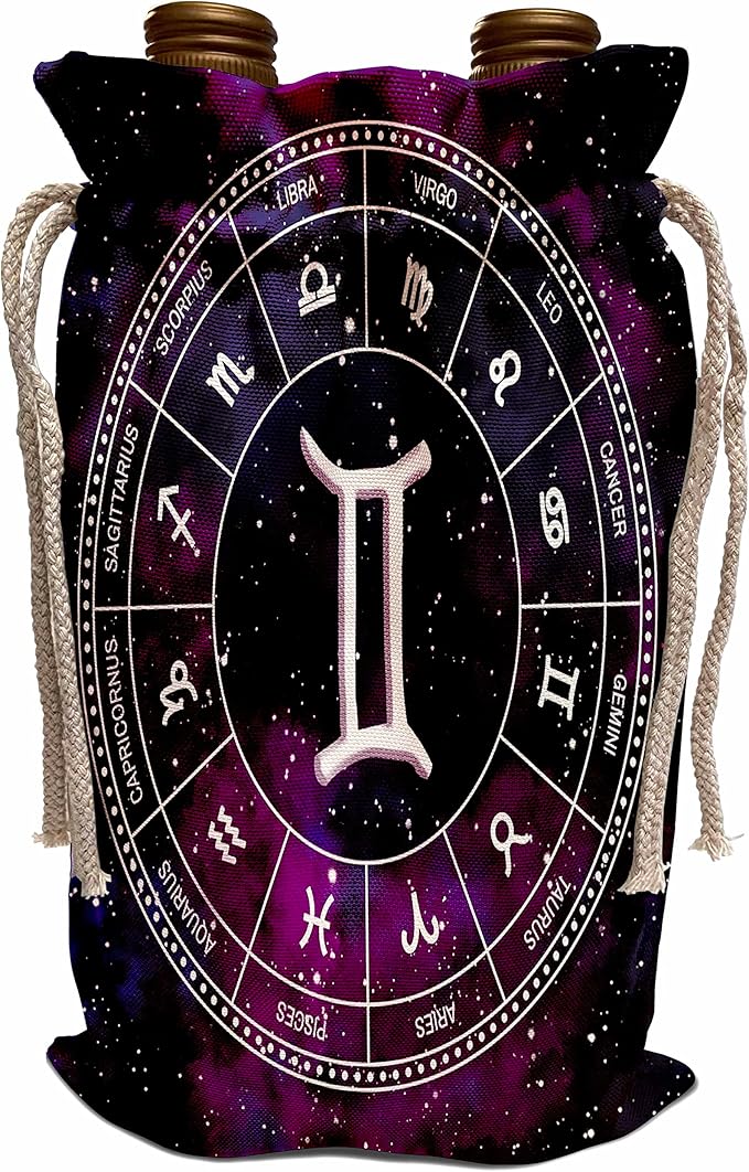 3dRose Gemini Zodiac sign stylish astrology gift. White stars, purple... - Wine Bags (wbg-364164-1) - Gemini Canvas for men