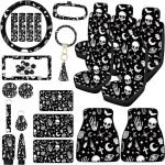 Tallew 26 Pieces Skeleton Cat Moon and Stars Car Seat Cover Full Set for Women Men Rubber Steering Wheel Cover License Plate Frame Mirror Covers Moon and Stars Car Accessories for SUV Truck(Skeleton) - Scorpio Car Seat Cover for men