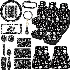 Tallew 26 Pieces Skeleton Cat Moon and Stars Car Seat Cover Full Set for Women Men Rubber Steering Wheel Cover License Plate Frame Mirror Covers Moon and Stars Car Accessories for SUV Truck(Skeleton) - Scorpio Car Seat Cover for men