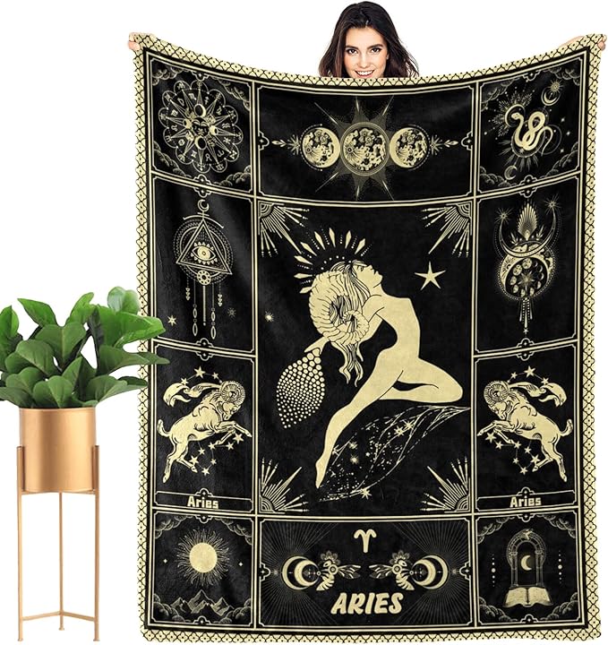 Aries Blanket 12 Horoscope Astrology Bed Blankets Soft Cozy Personalized Flannel Throw Blankets 50"X40" - Aries Blanket for men