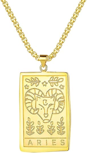 Zodiac Necklace for Women Zodiac Sign Constellation Tarot Card Pendant Necklace Stainless Steel Gold Square Rolo Chain Horoscope Jewelry for Women - Aries Necklace for men