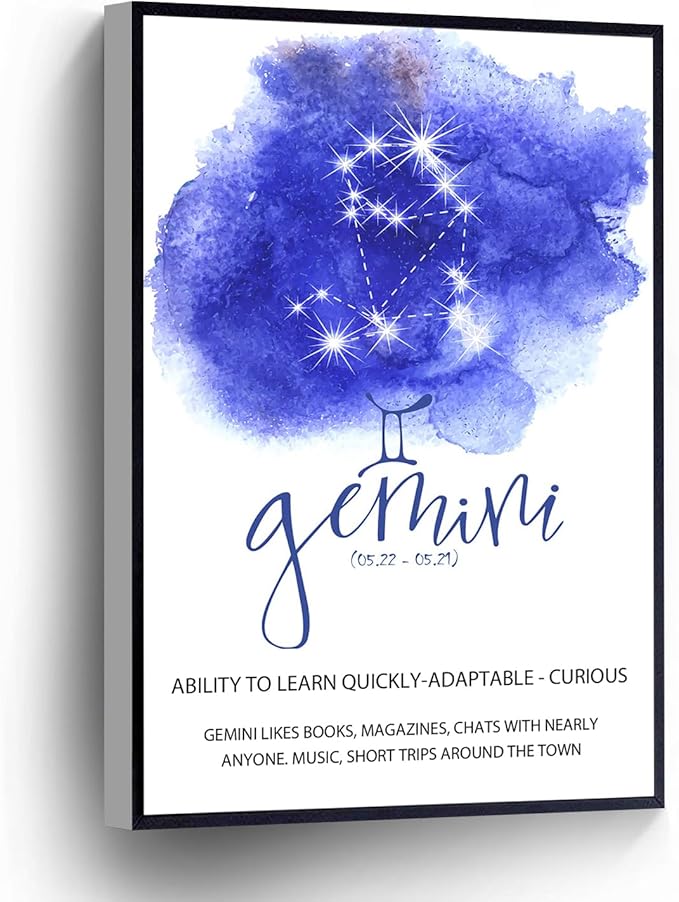 PUCHYUCT Gemini Zodiac Poster 12 Zodiac Canvas Wall Art Constellation Art Print Posters Stretched and Framed Ready to Hang for living room,bedroom,classroom etc (8" X 12") - Gemini Canvas for men