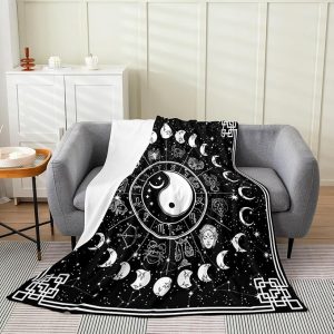 Erosebridal Sun and Moon Throw Blanket Throw 50x60,Twelve Constellations Zodiac Blanket Moon Phase Fleece Blanket Yin and Yang Flannel Blanket Starry Night Astrology Stars Bed Blanket,Black White - Virgo Blanket for men