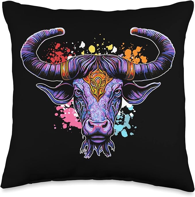 Watercolor Bull Taurus Zodiac Sign Colorful Astrology Throw Pillow - Taurus Pillow for men
