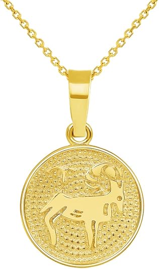 14k Yellow Gold Tiny Round Zodiac Sign Charm Horoscope Pendant Necklace - Aries Necklace for men
